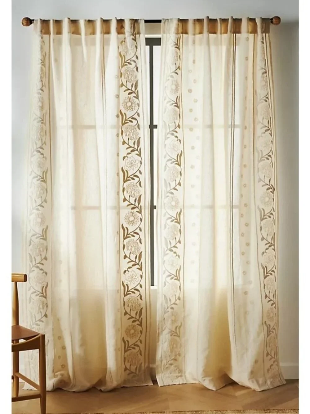 NEW Anthropologie Manette Embroidered Cotton Linen Curtain Boho Chic 50 x 96 in